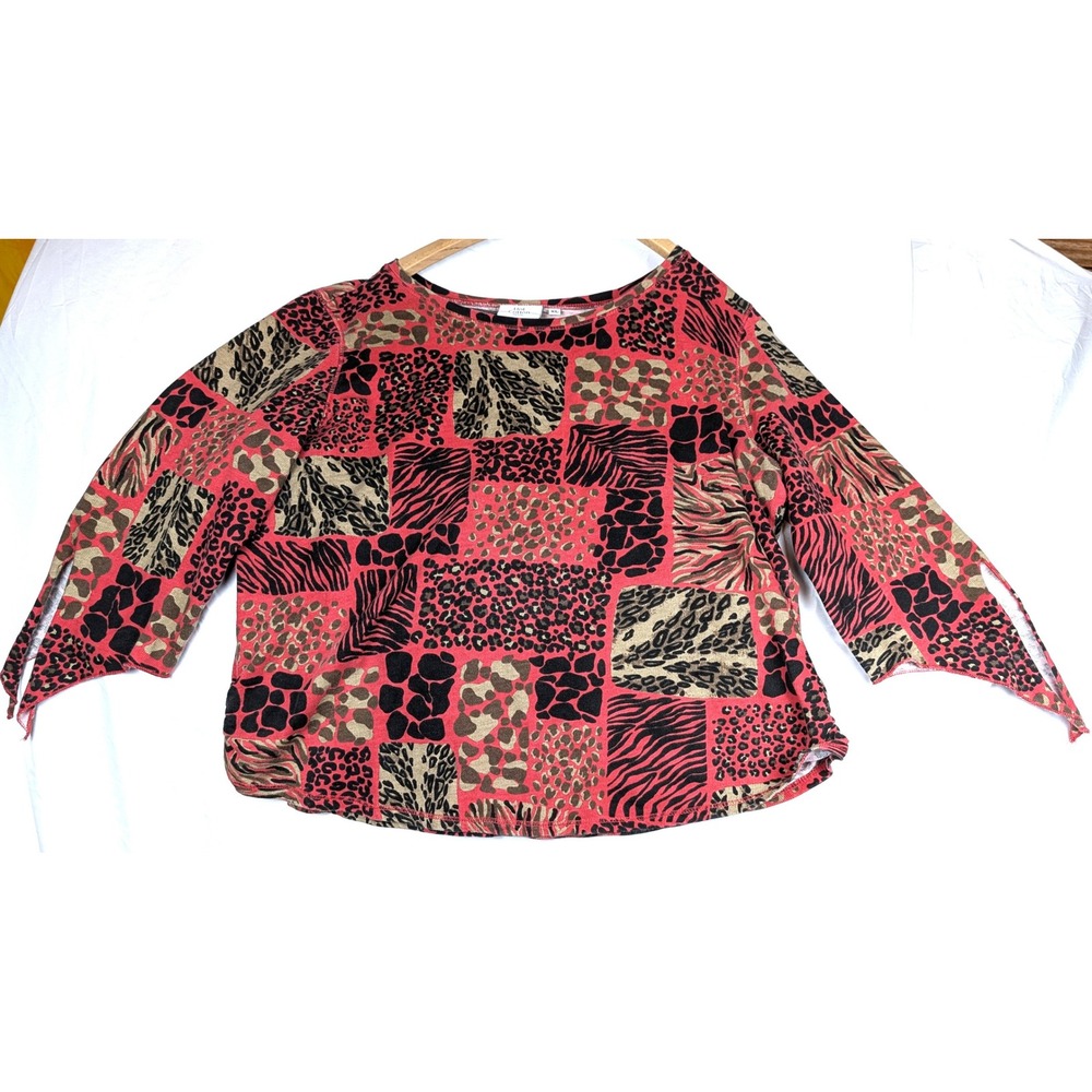 Vintage Petite XL Red Animal Print Patchwork Cotton Top Made in USA Tie Sleeve